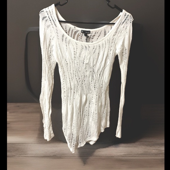 Express Lace Asymmetrical Hem Tunic Knitted 100% Rayon Super Soft White Sweater - Picture 10 of 12